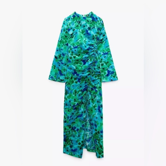 Zara dress midi Floral ruched long sleeve green blue boho summer vacation - Picture 7 of 7